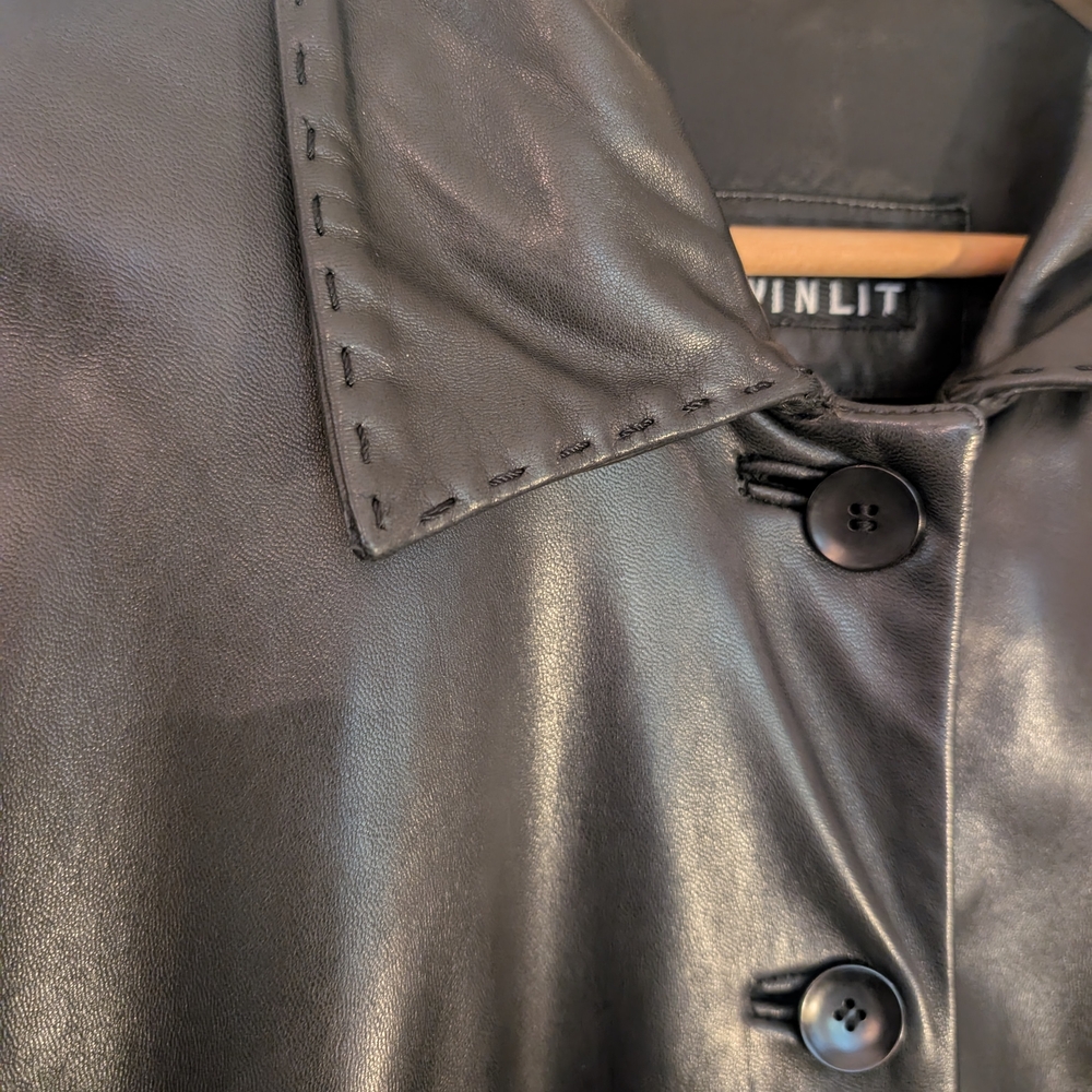 90s Black Leather Coat Midi Coat - Picture 2 of 12